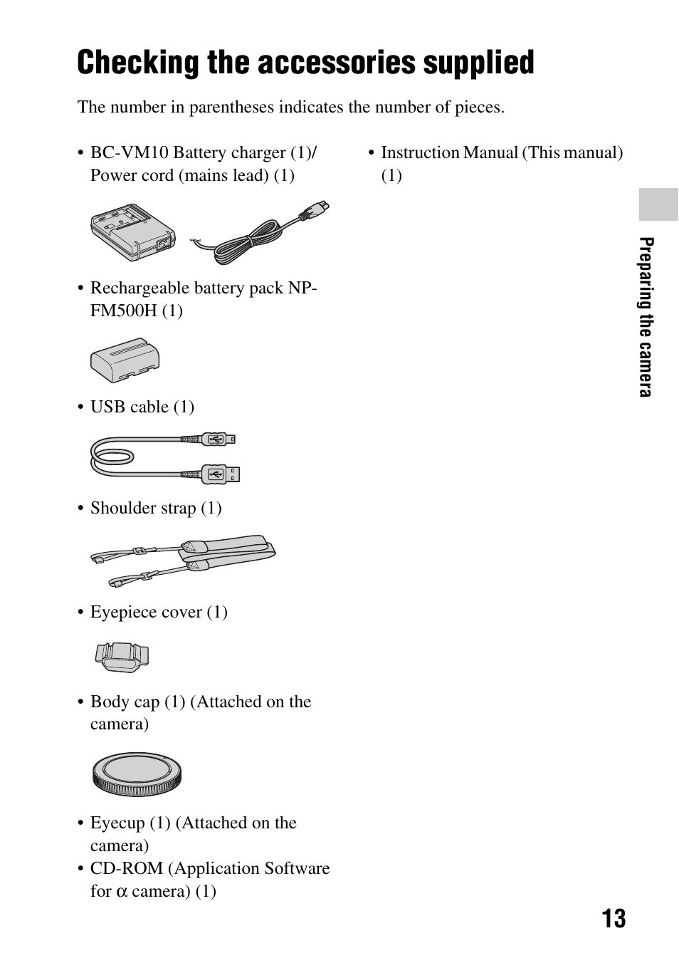 Preparing the camera, Checking the accessories supplied | Sony DSLR-A580L User Manual | Page 13 / 199