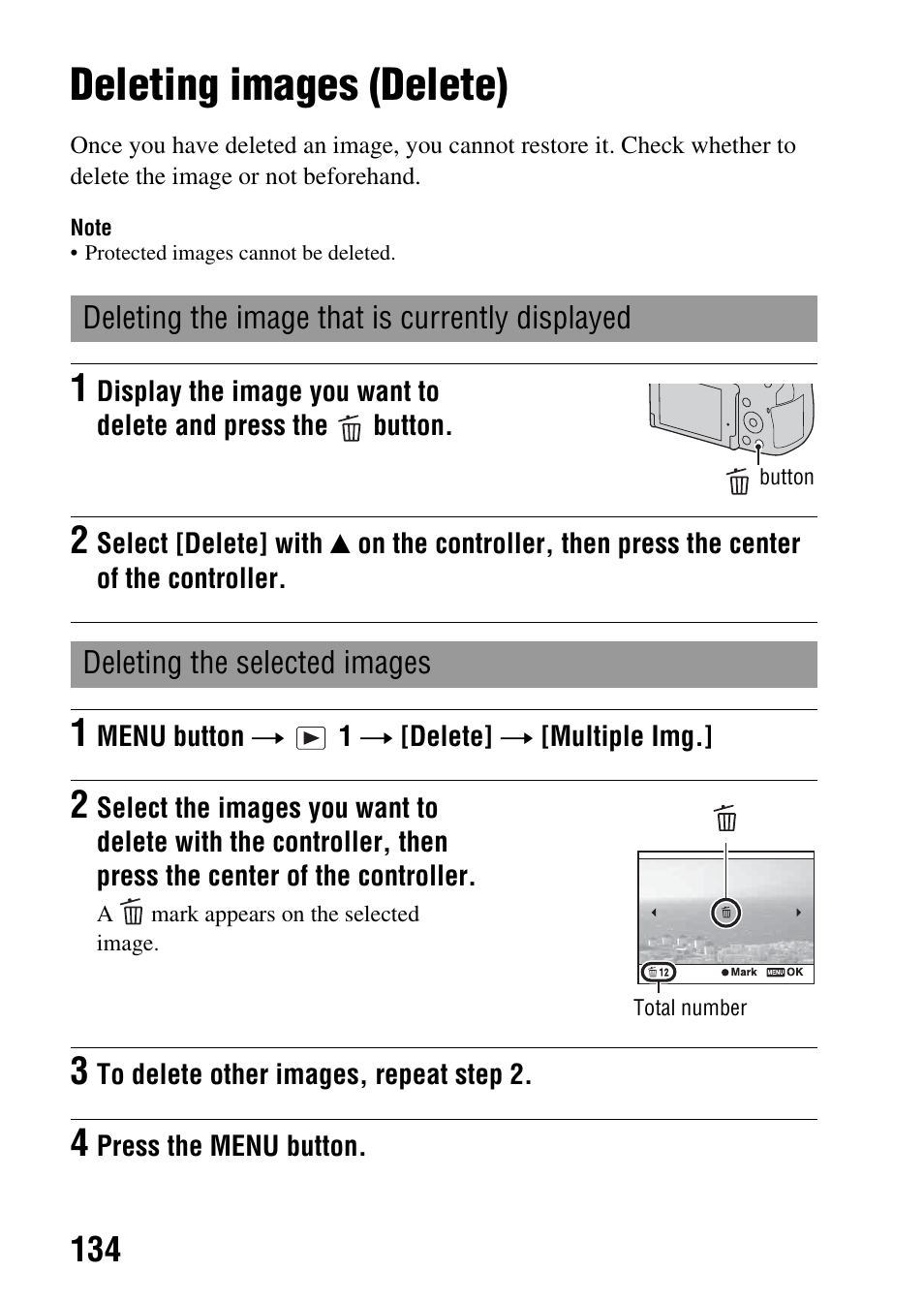 Deleting images (delete), Tton (134), Te (134) | Sony DSLR-A580L User Manual | Page 134 / 199