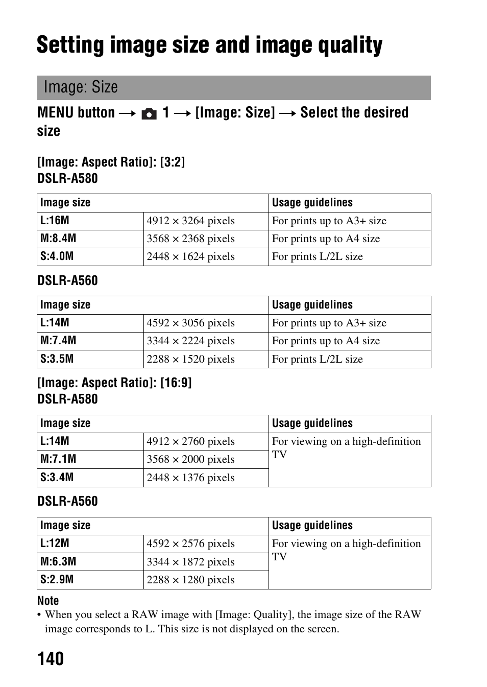 Changing your setup, Setting image size and image quality, Image: size | Sony DSLR-A580L User Manual | Page 140 / 199