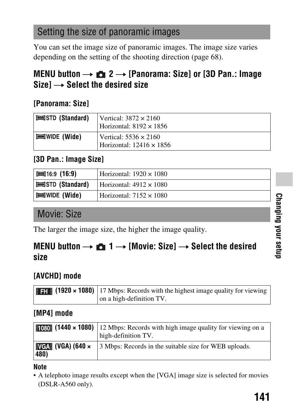 G (141), Ze (141), Setting the size of panoramic images | Movie: size | Sony DSLR-A580L User Manual | Page 141 / 199