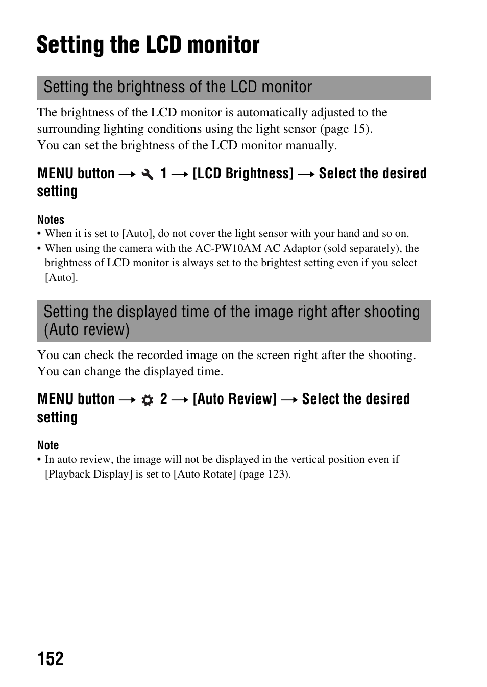 Setting the lcd monitor, Ness (152) | Sony DSLR-A580L User Manual | Page 152 / 199