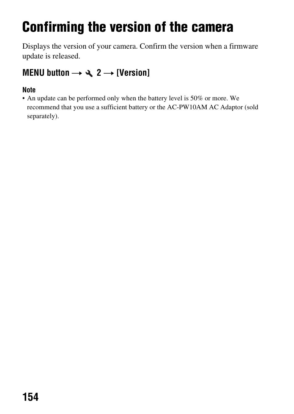 Confirming the version of the camera, Ion (154) | Sony DSLR-A580L User Manual | Page 154 / 199