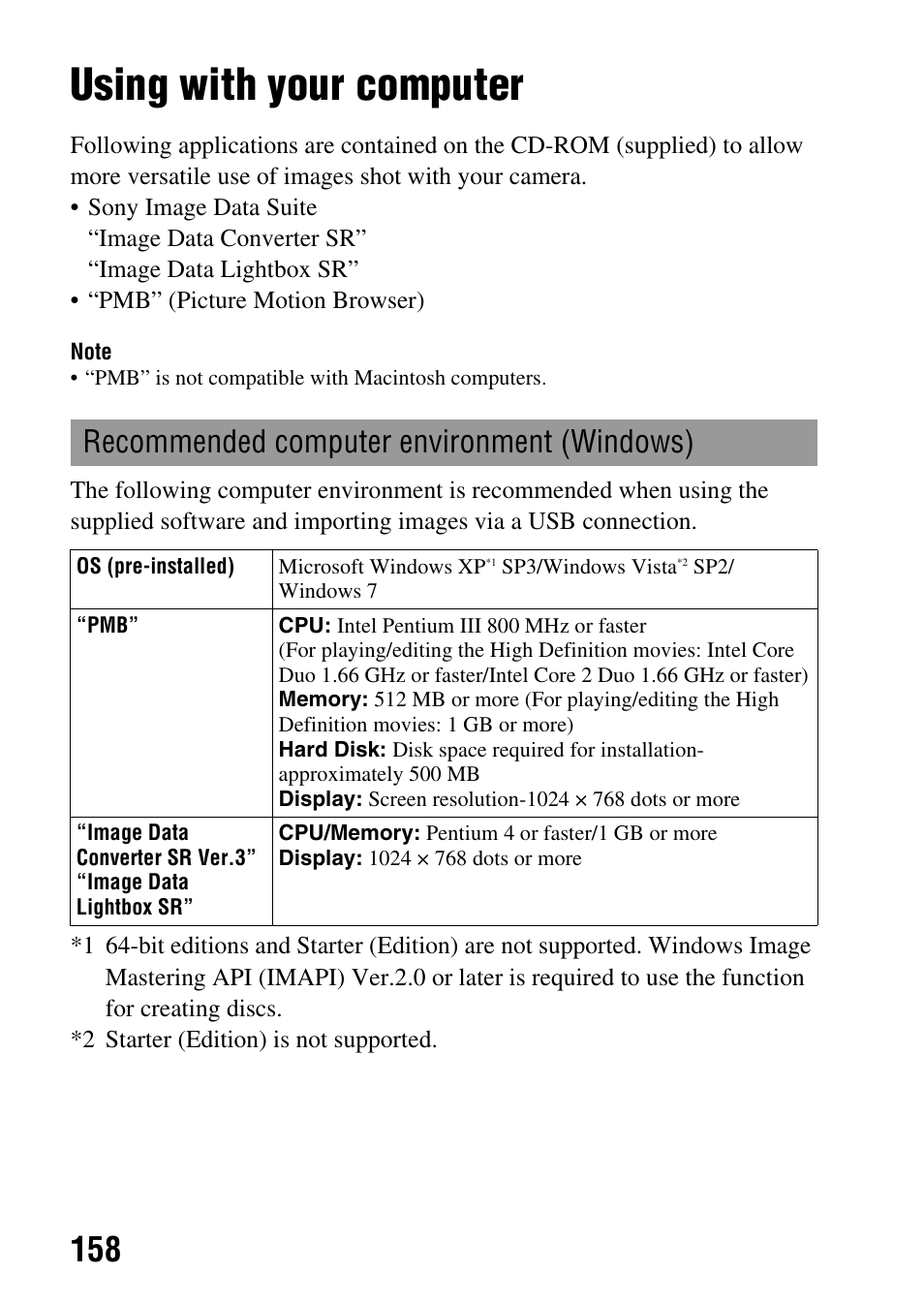 Viewing images on a computer, Using with your computer, Recommended computer environment (windows) | Sony DSLR-A580L User Manual | Page 158 / 199