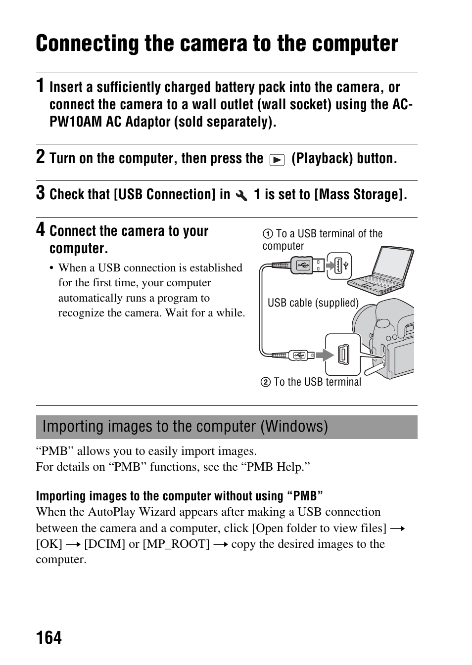 Connecting the camera to the computer, N (164) | Sony DSLR-A580L User Manual | Page 164 / 199