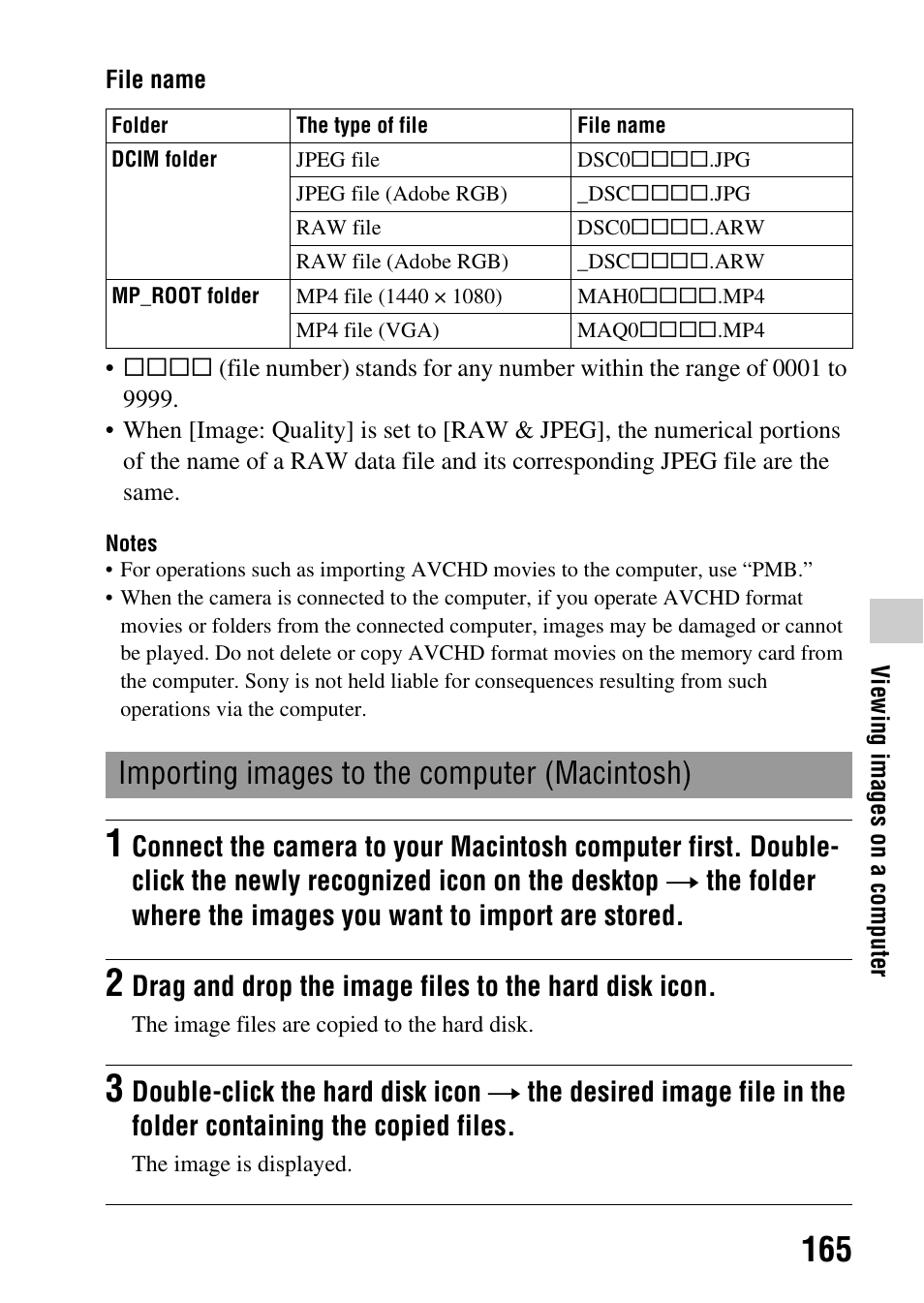 Importing images to the computer (macintosh) | Sony DSLR-A580L User Manual | Page 165 / 199