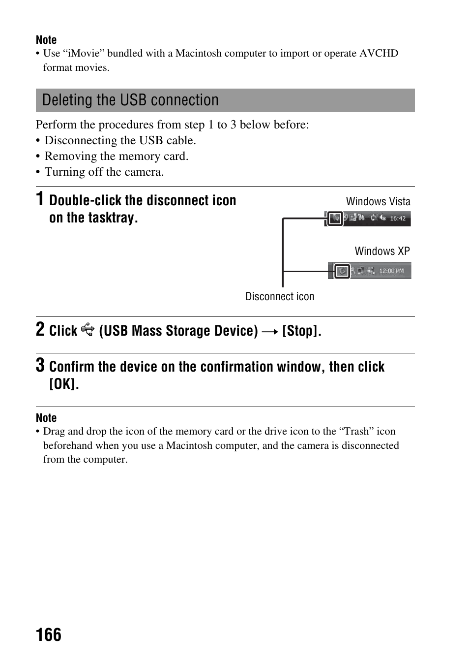 Deleting the usb connection | Sony DSLR-A580L User Manual | Page 166 / 199