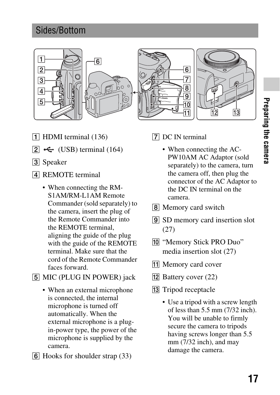 Sides/bottom | Sony DSLR-A580L User Manual | Page 17 / 199