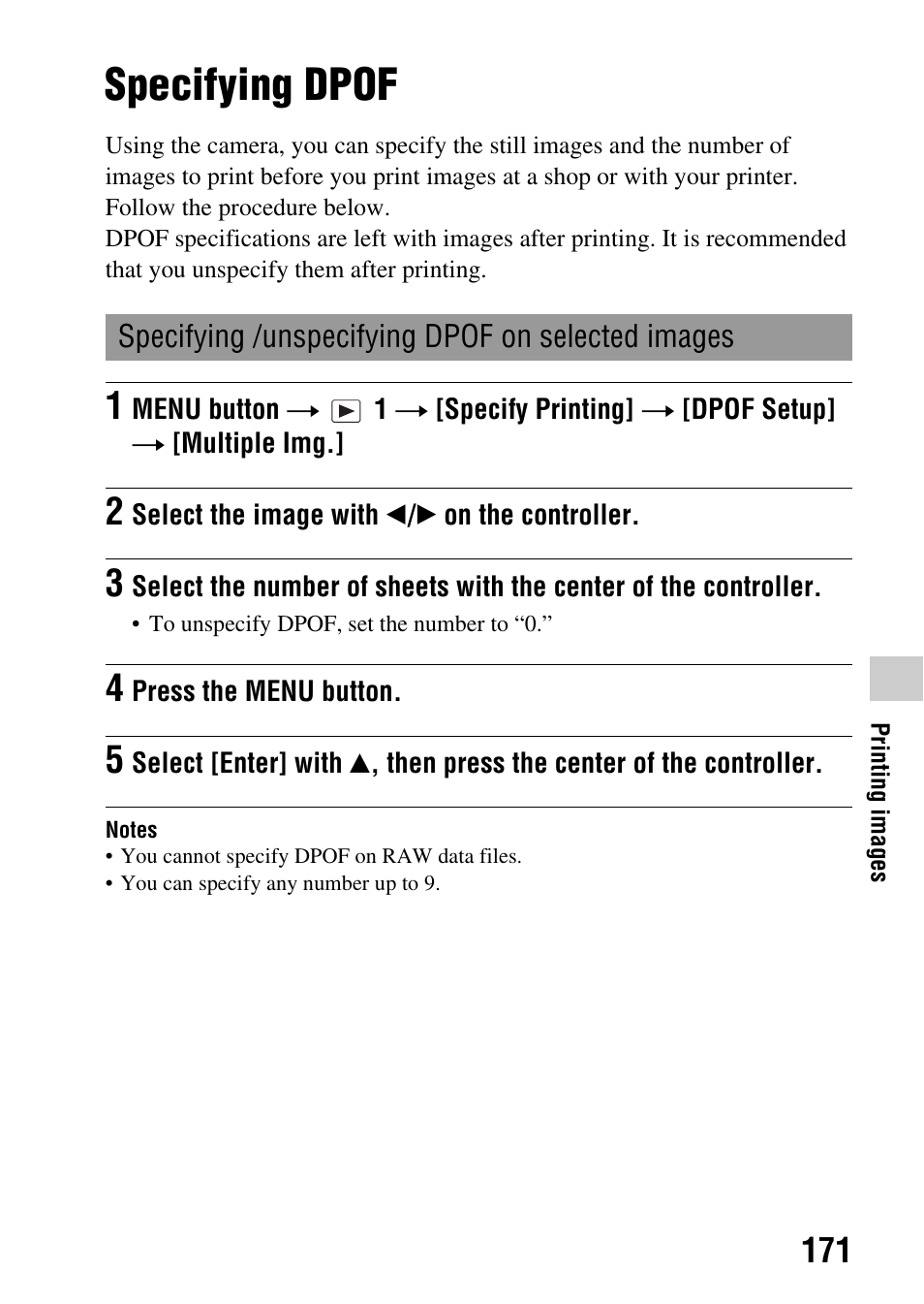 Printing images, Specifying dpof | Sony DSLR-A580L User Manual | Page 171 / 199