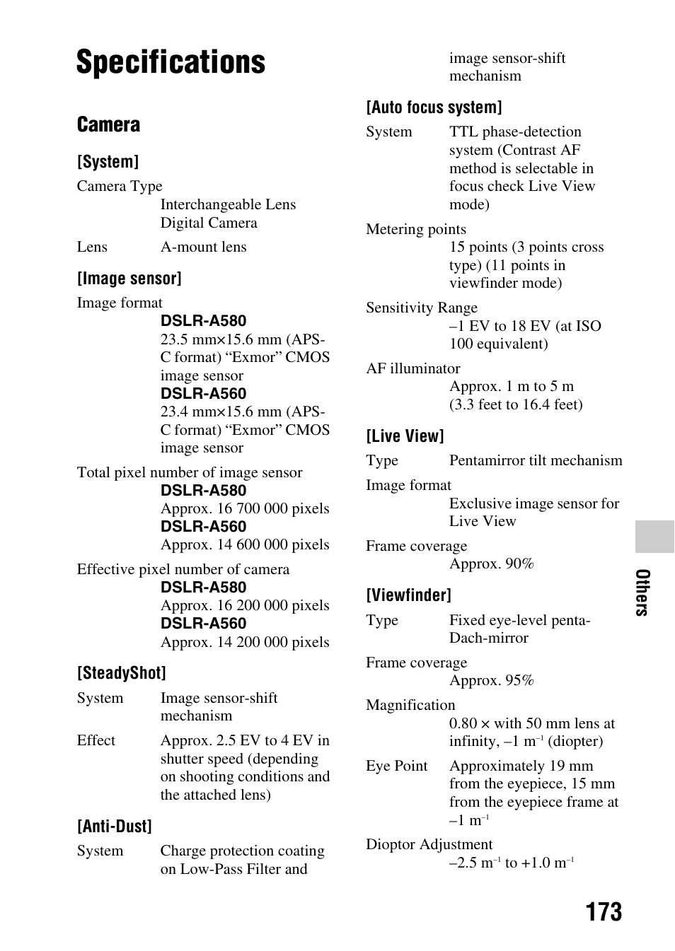 Others, Specifications, Camera | Sony DSLR-A580L User Manual | Page 173 / 199