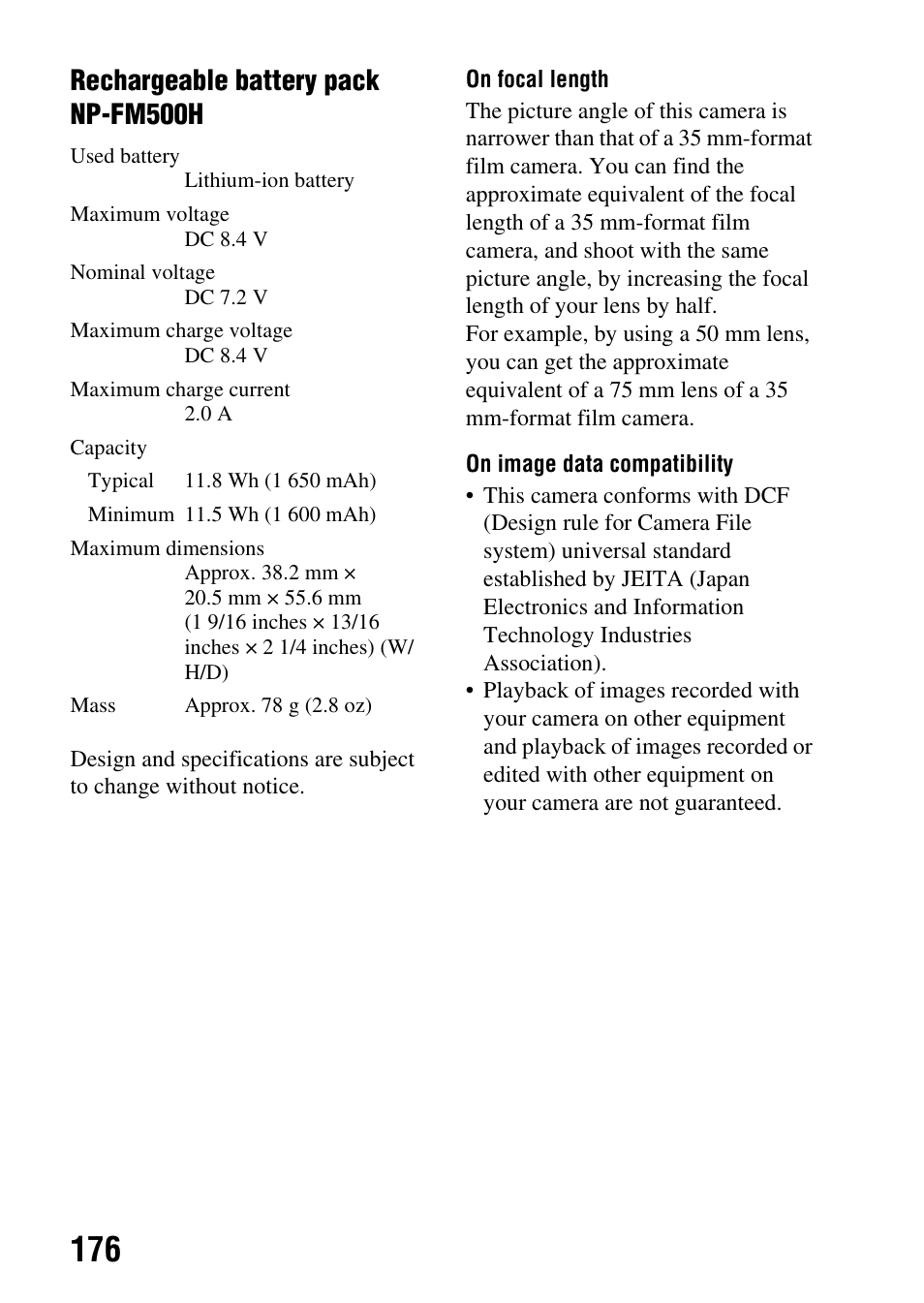 Rechargeable battery pack np-fm500h | Sony DSLR-A580L User Manual | Page 176 / 199