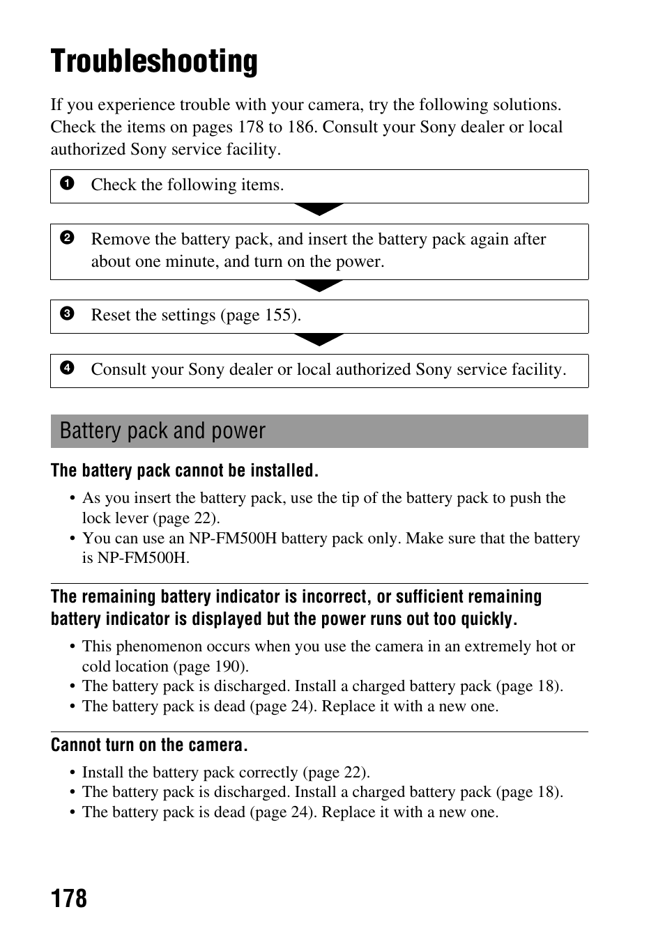 Troubleshooting, Battery pack and power | Sony DSLR-A580L User Manual | Page 178 / 199