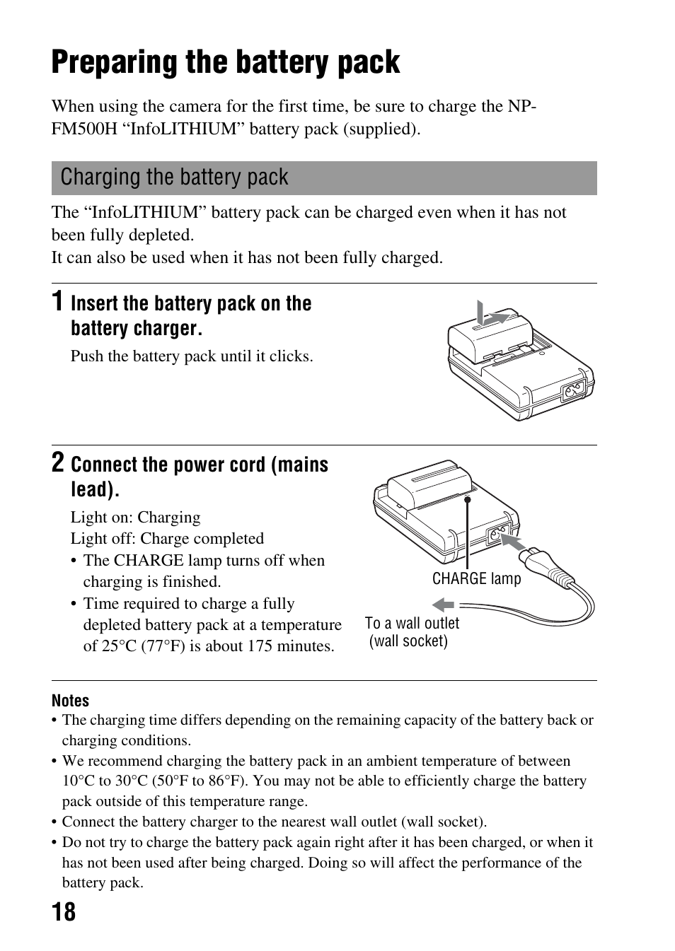 Preparing the battery pack, Charging the battery pack | Sony DSLR-A580L User Manual | Page 18 / 199