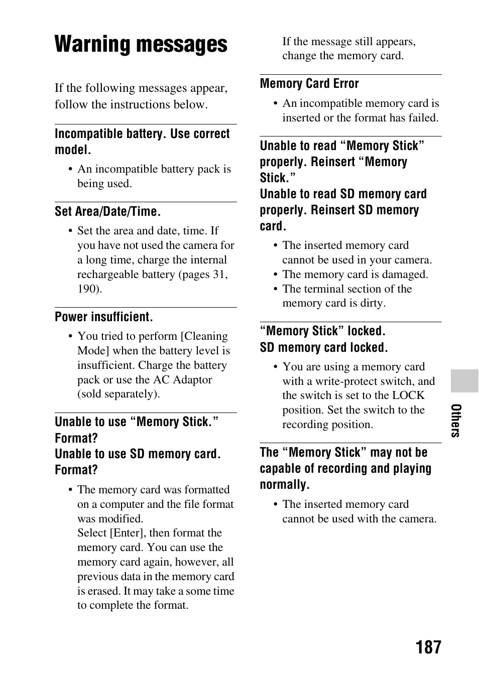 Warning messages | Sony DSLR-A580L User Manual | Page 187 / 199