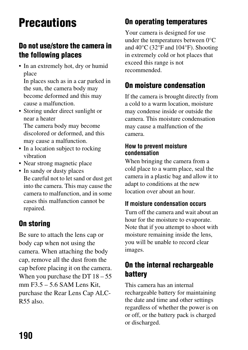 Precautions | Sony DSLR-A580L User Manual | Page 190 / 199