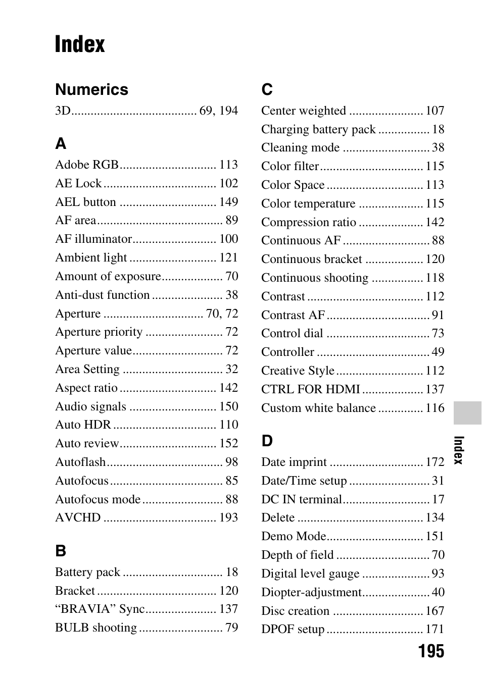 Index, Numerics | Sony DSLR-A580L User Manual | Page 195 / 199