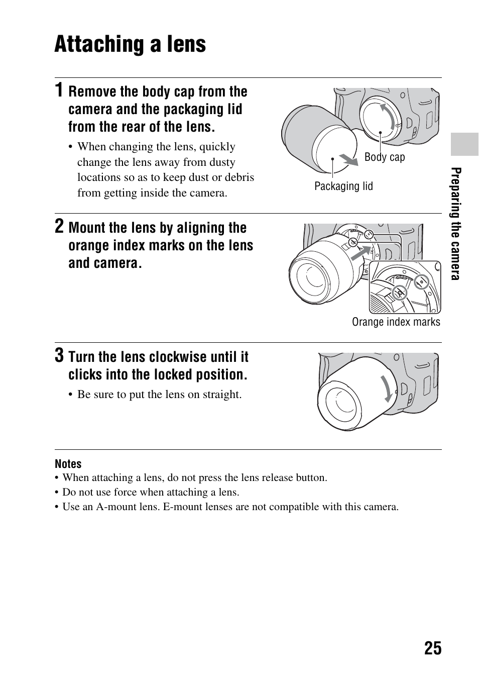 Attaching a lens | Sony DSLR-A580L User Manual | Page 25 / 199