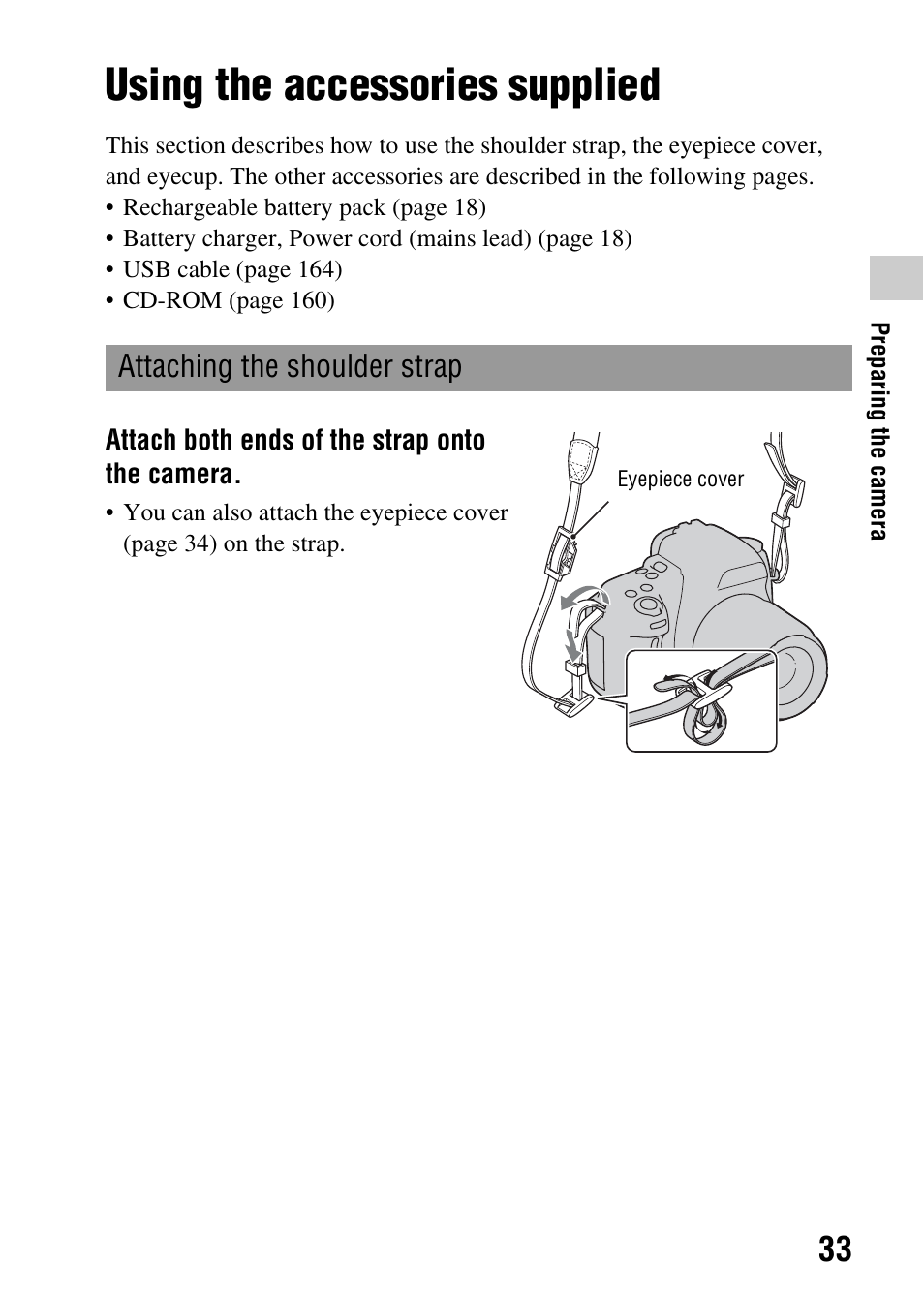 Using the accessories supplied, Lder strap (33) | Sony DSLR-A580L User Manual | Page 33 / 199