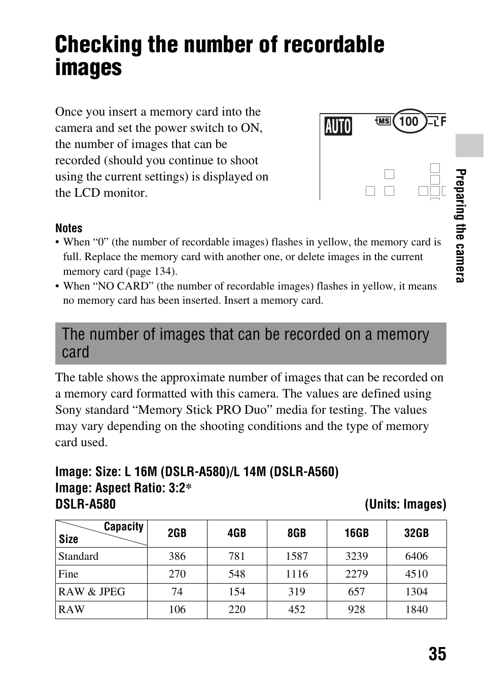 Checking the number of recordable images | Sony DSLR-A580L User Manual | Page 35 / 199