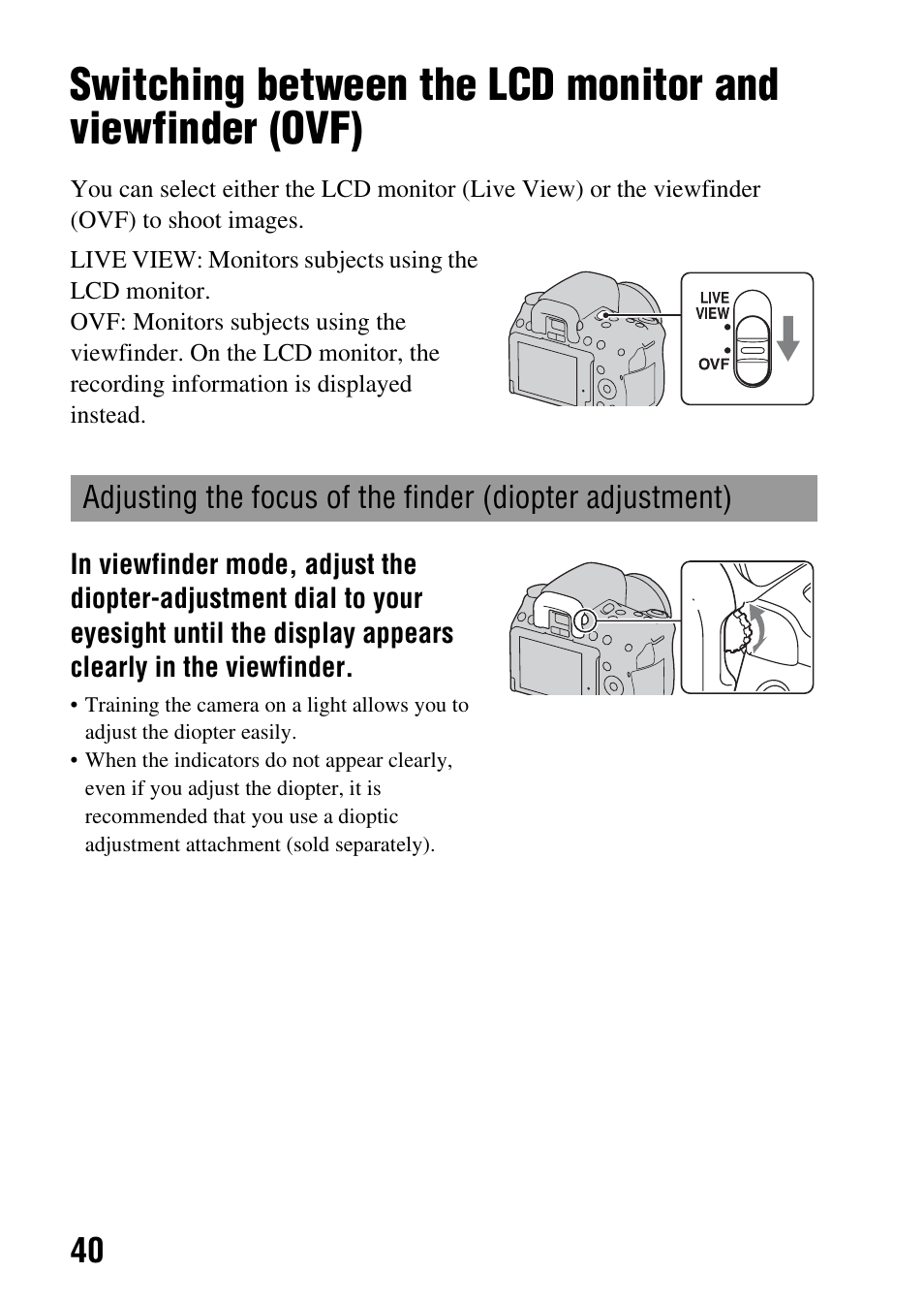 Before your operation, H (40) | Sony DSLR-A580L User Manual | Page 40 / 199