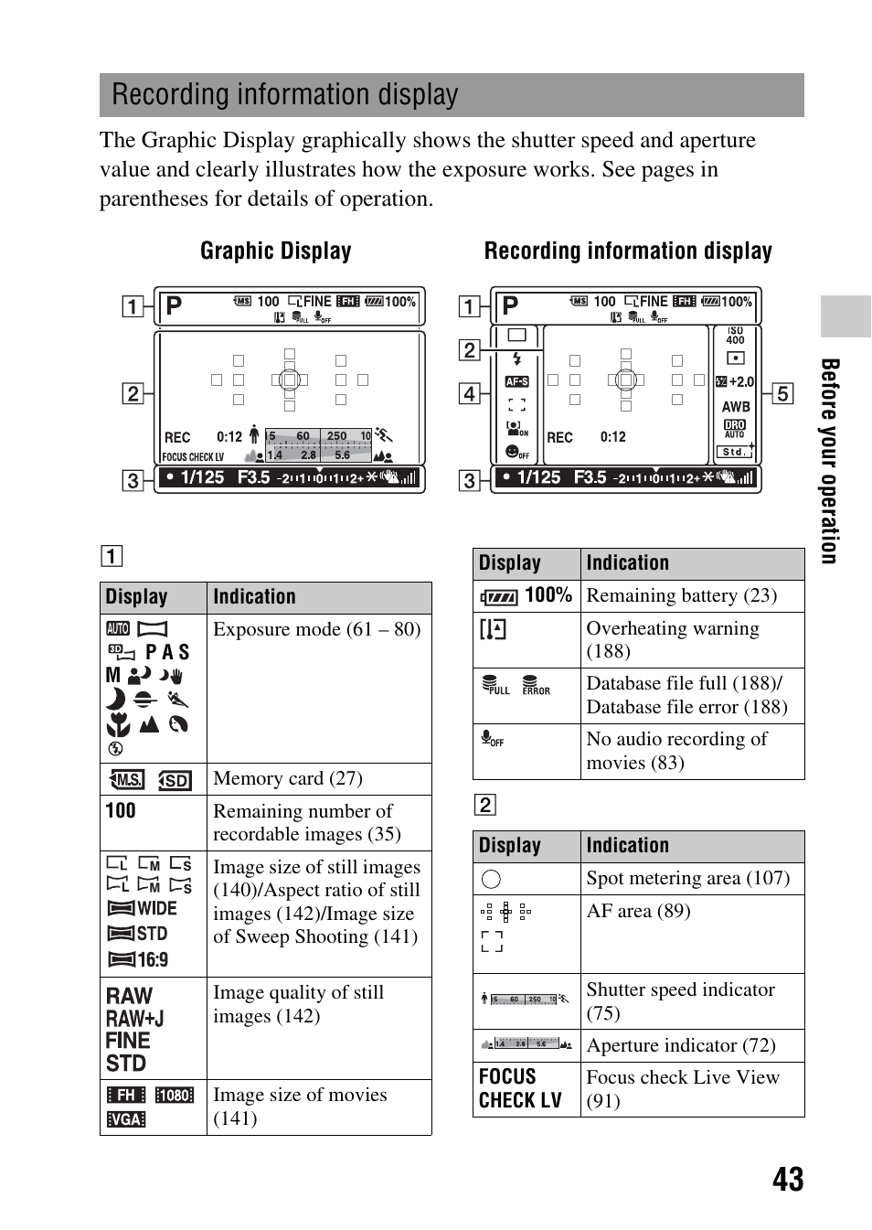 Recording information display | Sony DSLR-A580L User Manual | Page 43 / 199