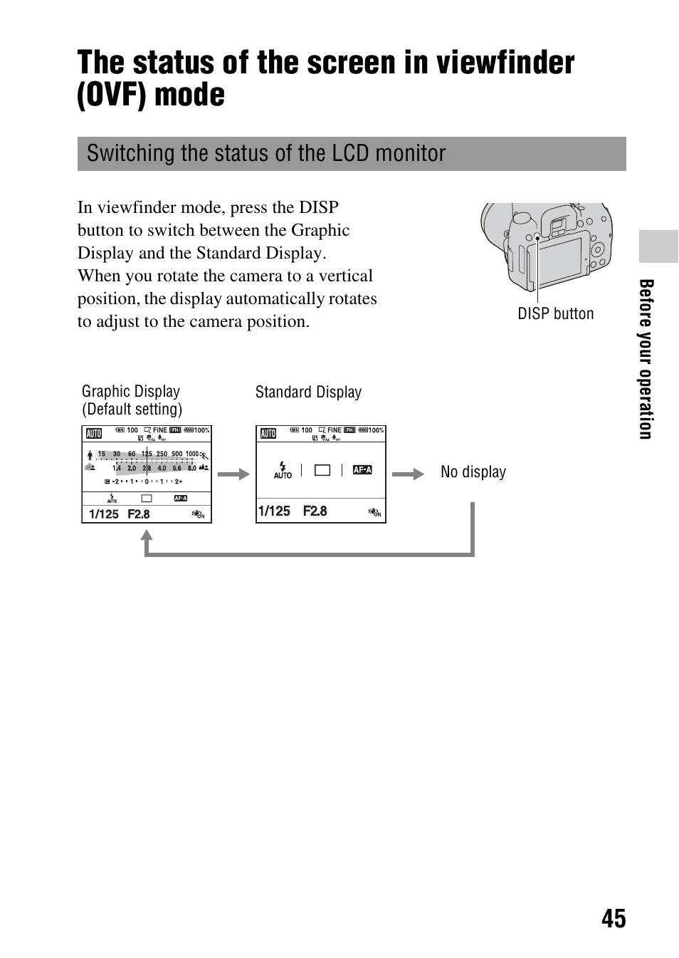 The status of the screen in viewfinder (ovf) mode, Switching the status of the lcd monitor | Sony DSLR-A580L User Manual | Page 45 / 199