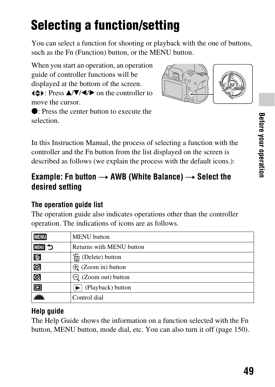 Selecting a function/setting, 49)/af | Sony DSLR-A580L User Manual | Page 49 / 199