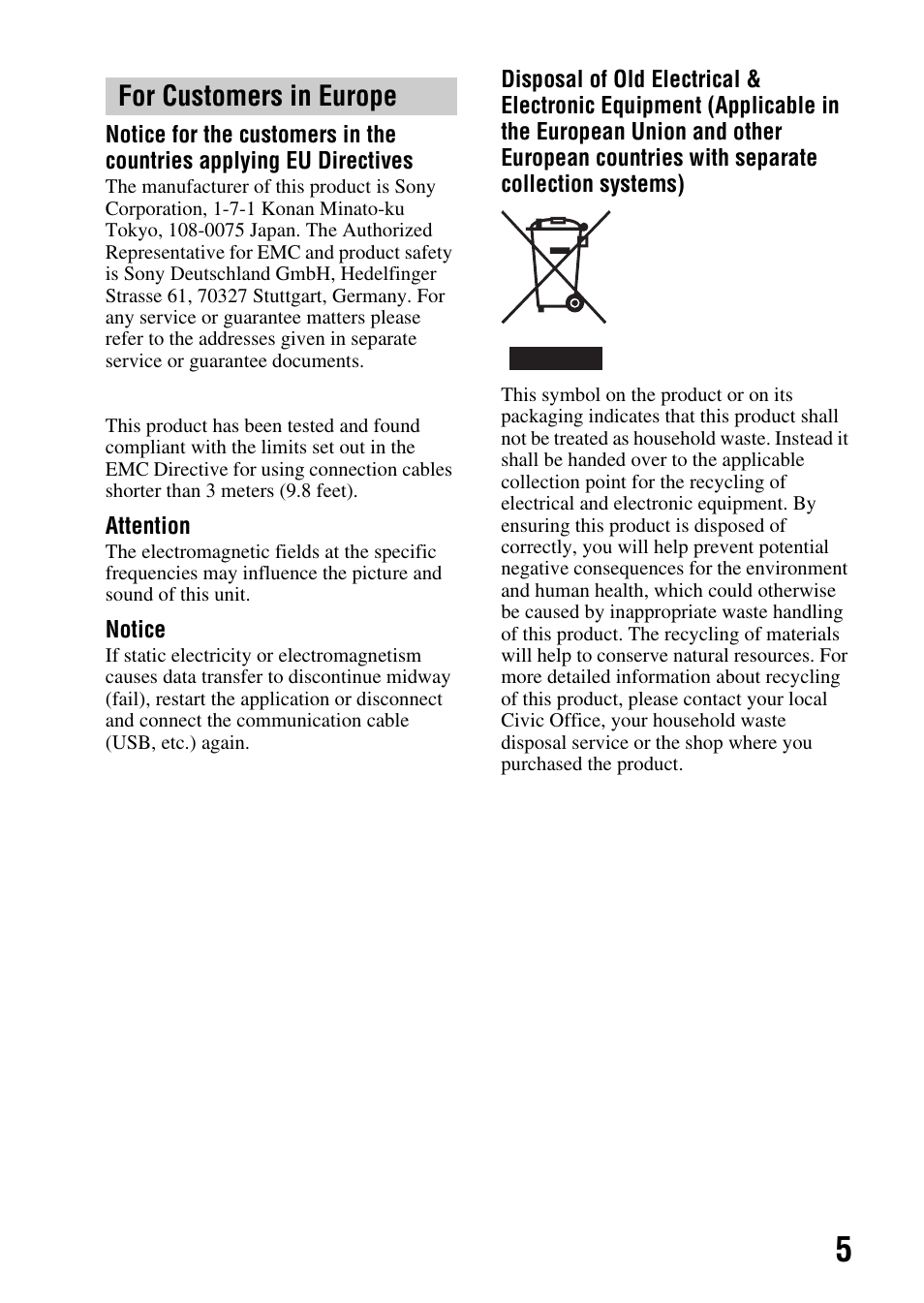 For customers in europe | Sony DSLR-A580L User Manual | Page 5 / 199