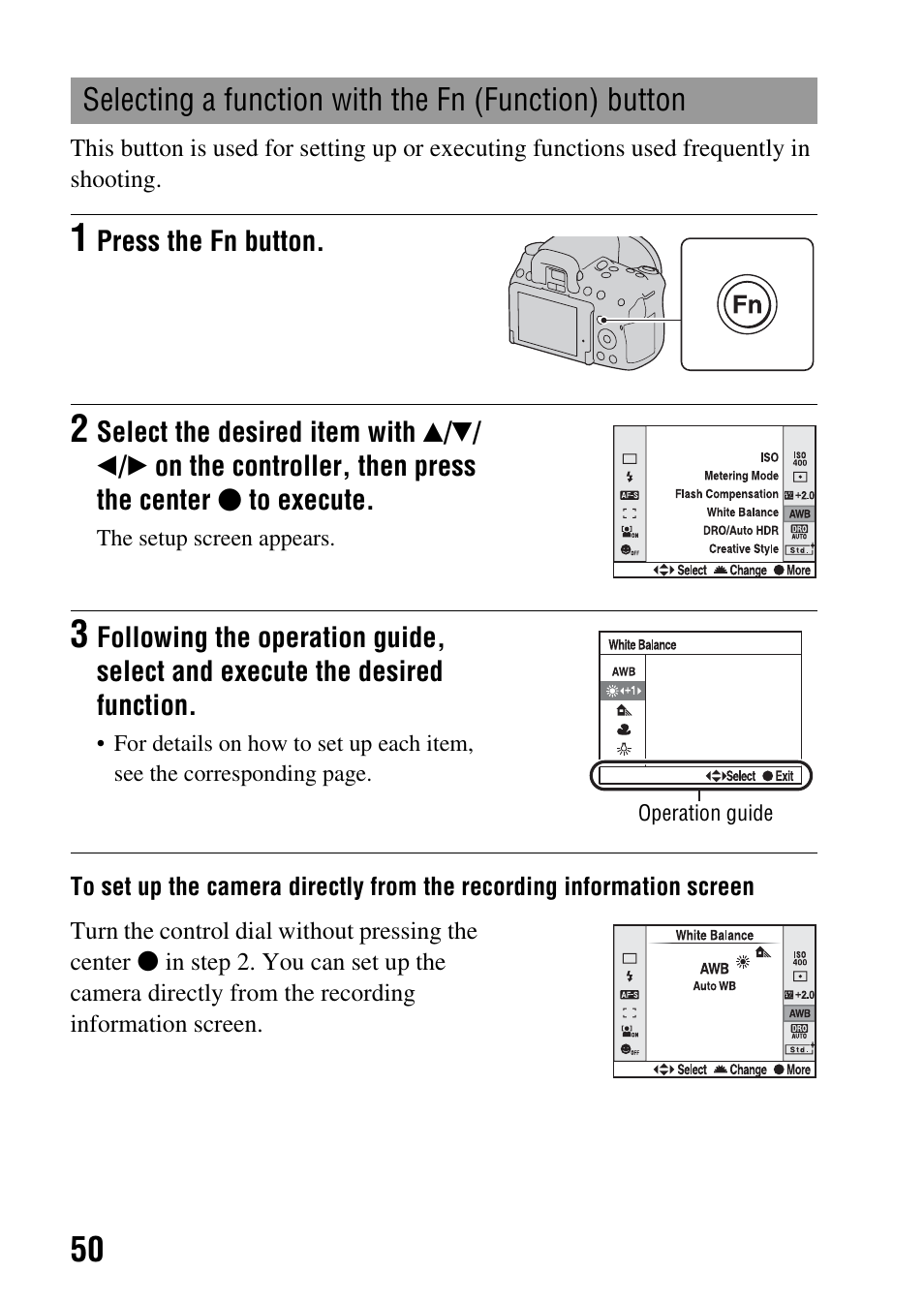 Selecting a function with the fn (function) button, N (50 | Sony DSLR-A580L User Manual | Page 50 / 199