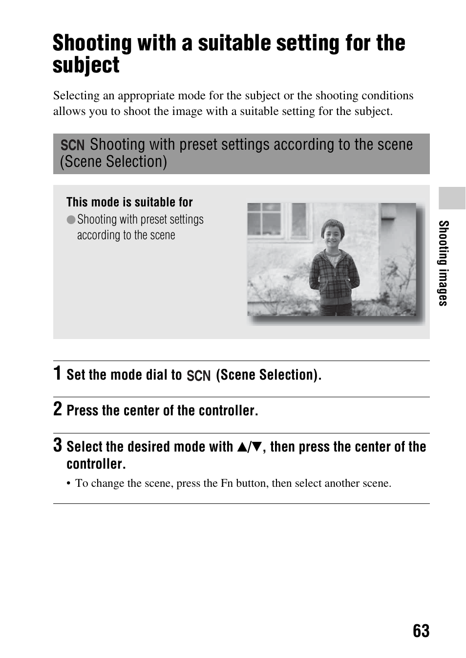 Shooting with a suitable setting for the subject, Scene selection), N (63) | Sony DSLR-A580L User Manual | Page 63 / 199