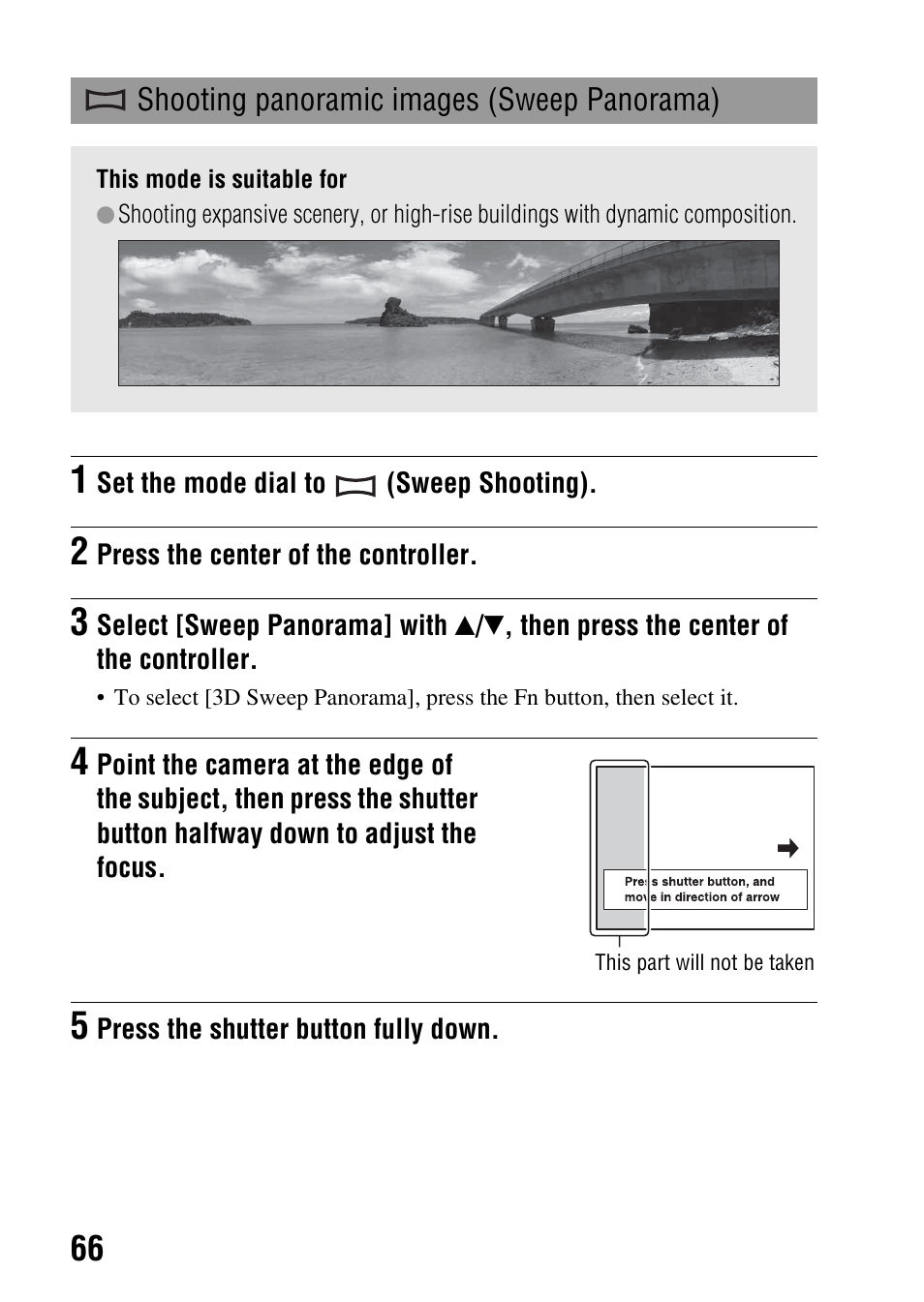 Shooting panoramic images (sweep panorama), Ng (66 | Sony DSLR-A580L User Manual | Page 66 / 199