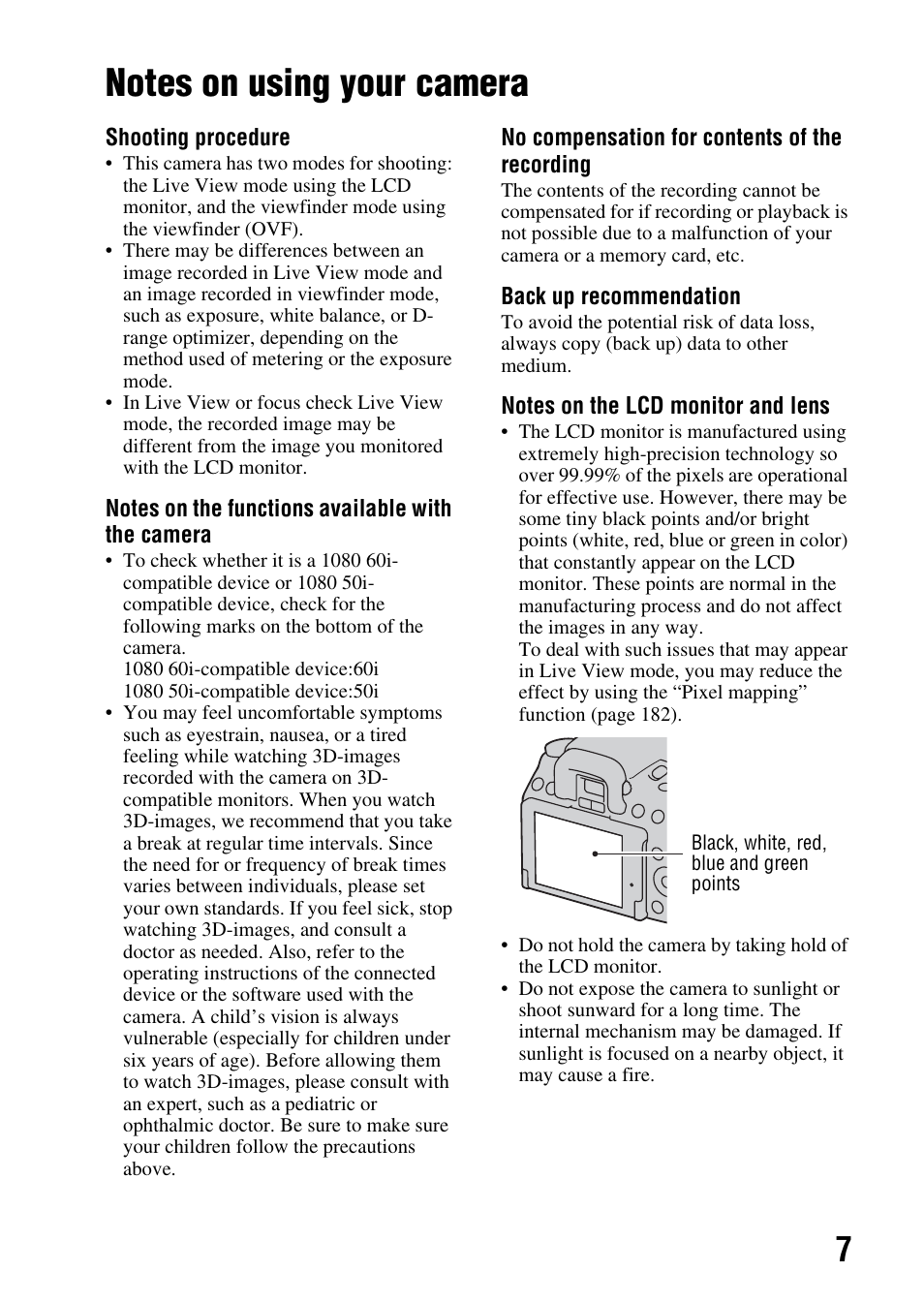 Notes on using your camera | Sony DSLR-A580L User Manual | Page 7 / 199