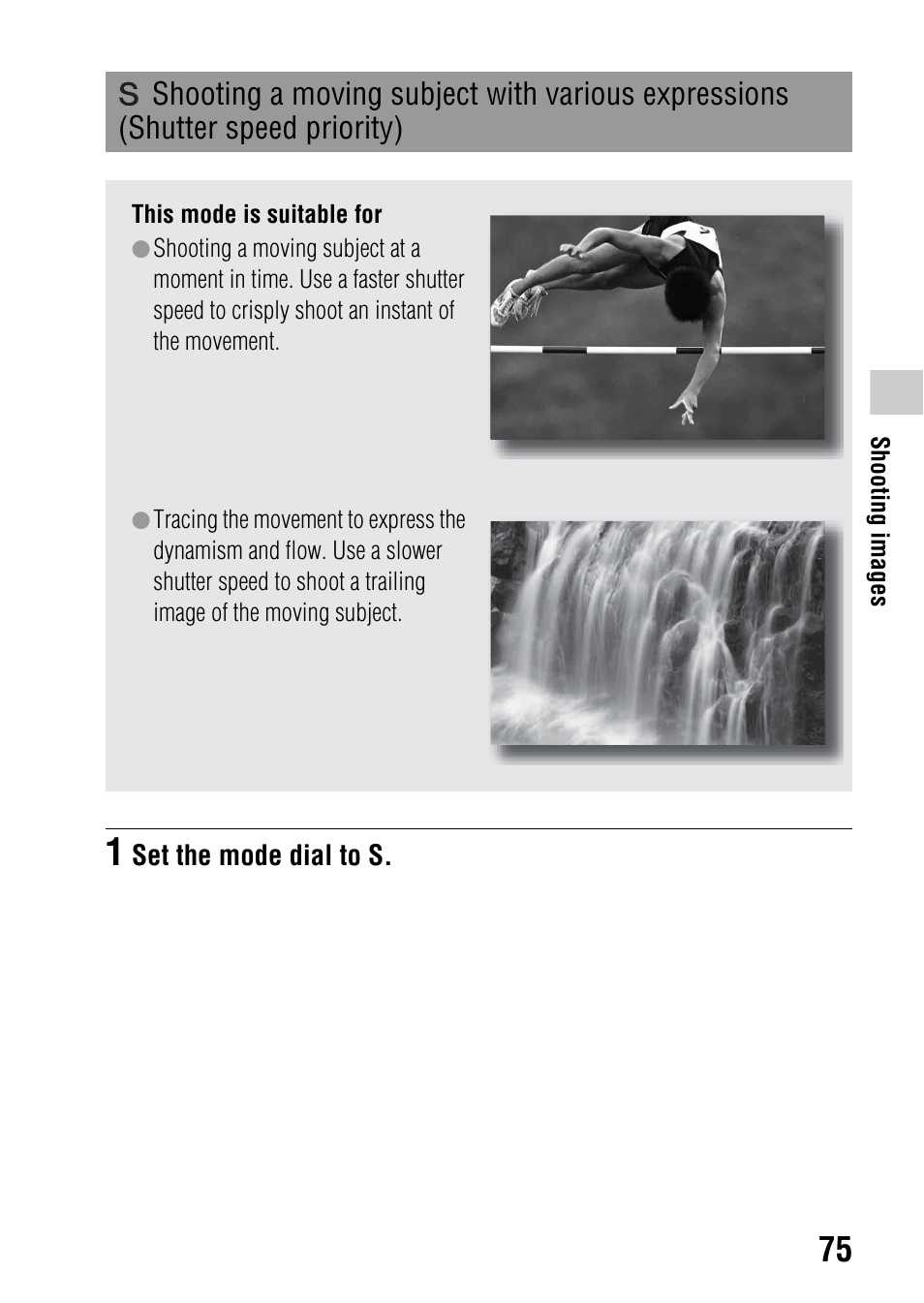 Shooting a moving subject with various expressions, Shutter speed priority), Ter speed (75) | Eed (75) | Sony DSLR-A580L User Manual | Page 75 / 199