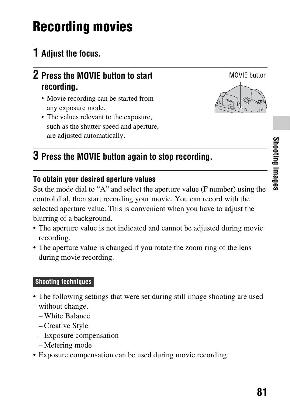 Recording movies, N (81) | Sony DSLR-A580L User Manual | Page 81 / 199