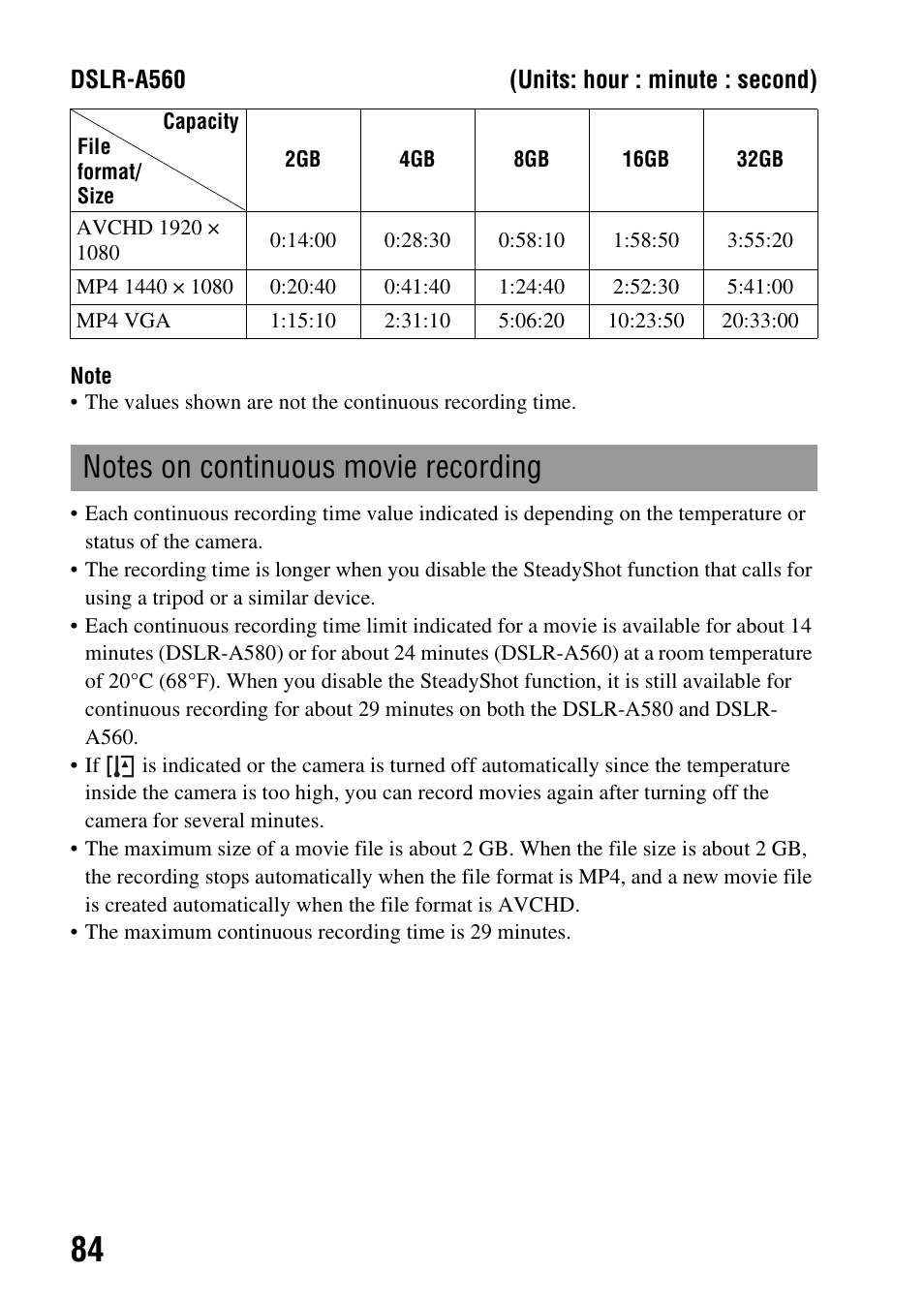 Notes on continuous movie recording | Sony DSLR-A580L User Manual | Page 84 / 199