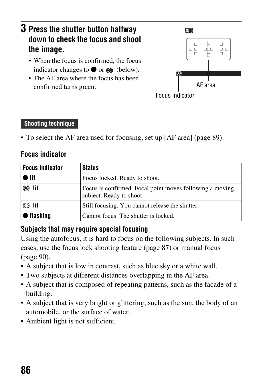 Focus (86) | Sony DSLR-A580L User Manual | Page 86 / 199