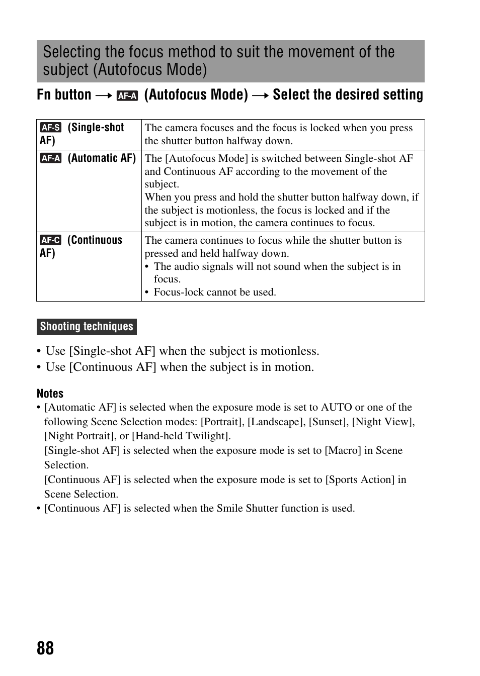 Subject (autofocus mode), Fn button t, Autofocus mode) t select the desired setting | Sony DSLR-A580L User Manual | Page 88 / 199