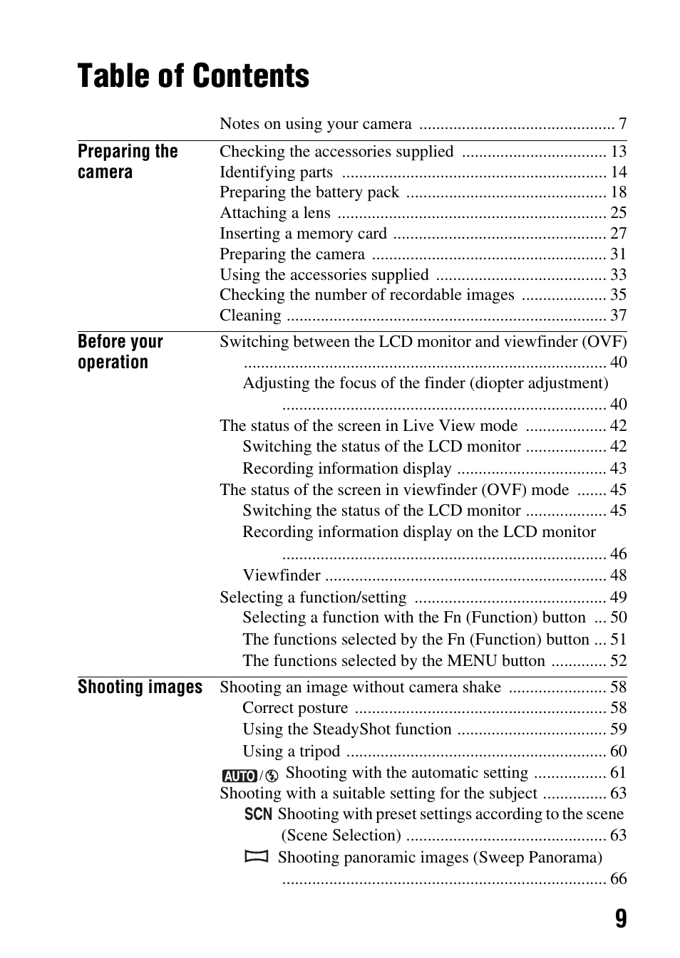 Sony DSLR-A580L User Manual | Page 9 / 199