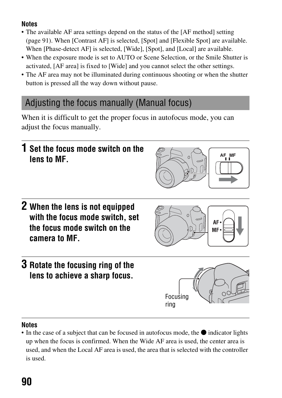 Adjusting the focus manually (manual focus) | Sony DSLR-A580L User Manual | Page 90 / 199