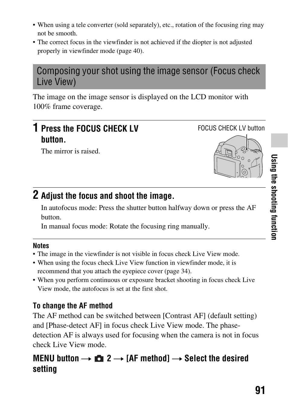 Composing your shot using the image sensor (focus, Check live view), Tton (91 | Sony DSLR-A580L User Manual | Page 91 / 199