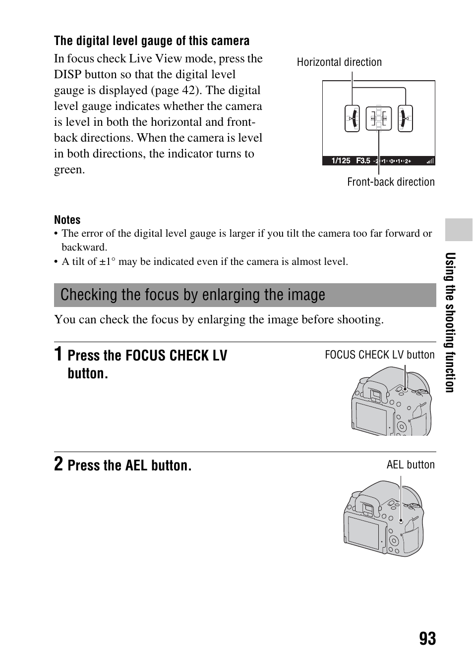 Checking the focus by enlarging the image, Tton (93 | Sony DSLR-A580L User Manual | Page 93 / 199