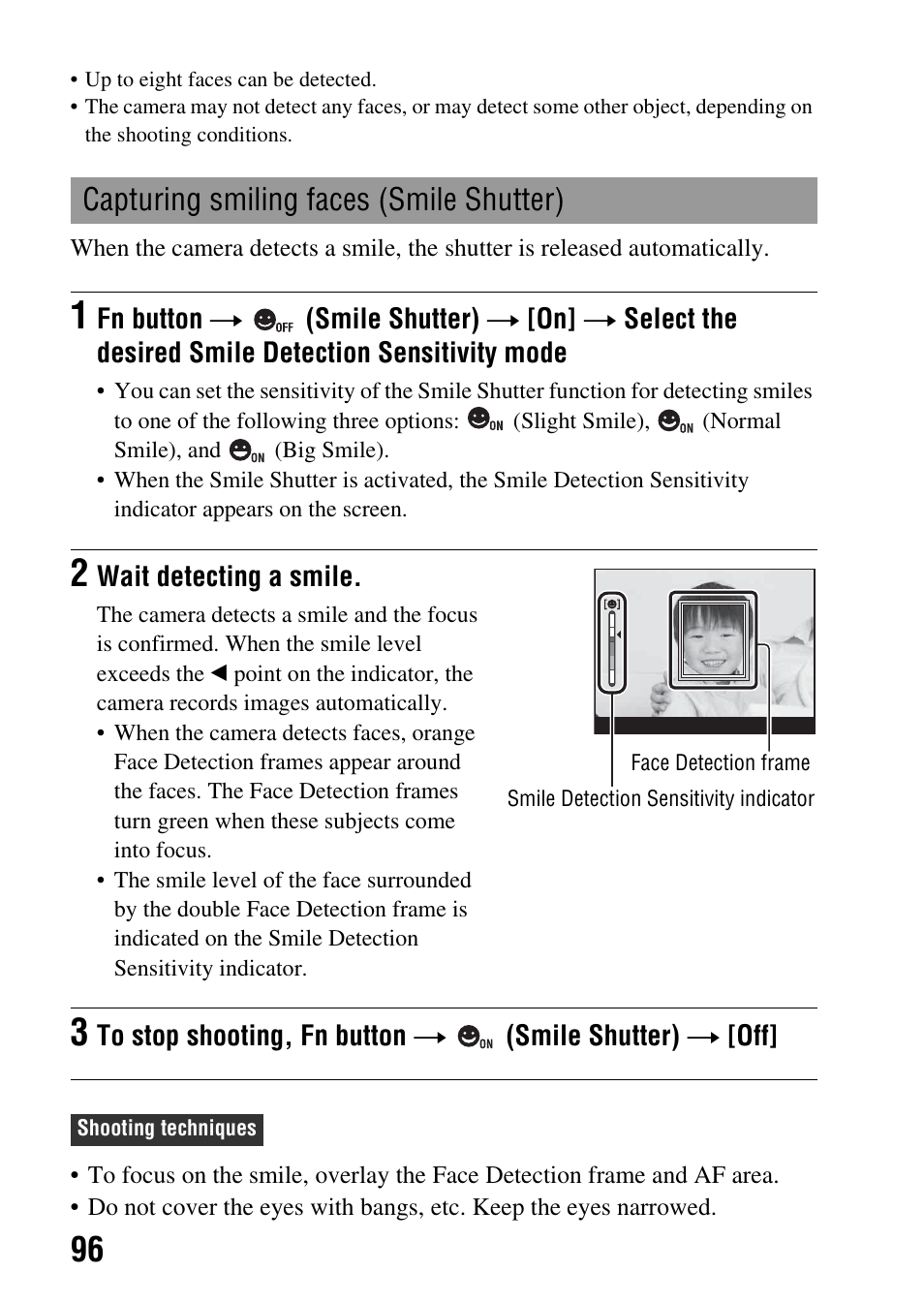 Capturing smiling faces (smile shutter), Ter (96), R (96) | Sony DSLR-A580L User Manual | Page 96 / 199