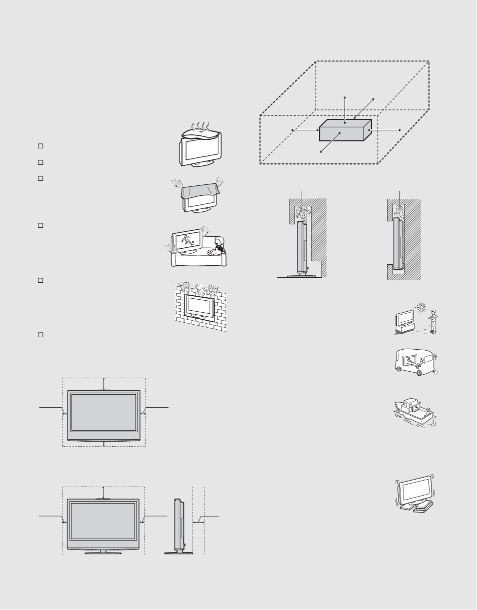 Continued), Corrosion, Ventilation | Outdoor use, Vehicle and ceiling, Ship and vessel, Preventing the tv from toppling over, Installing on a level surface | Sony KLV-S32A10 User Manual | Page 7 / 72