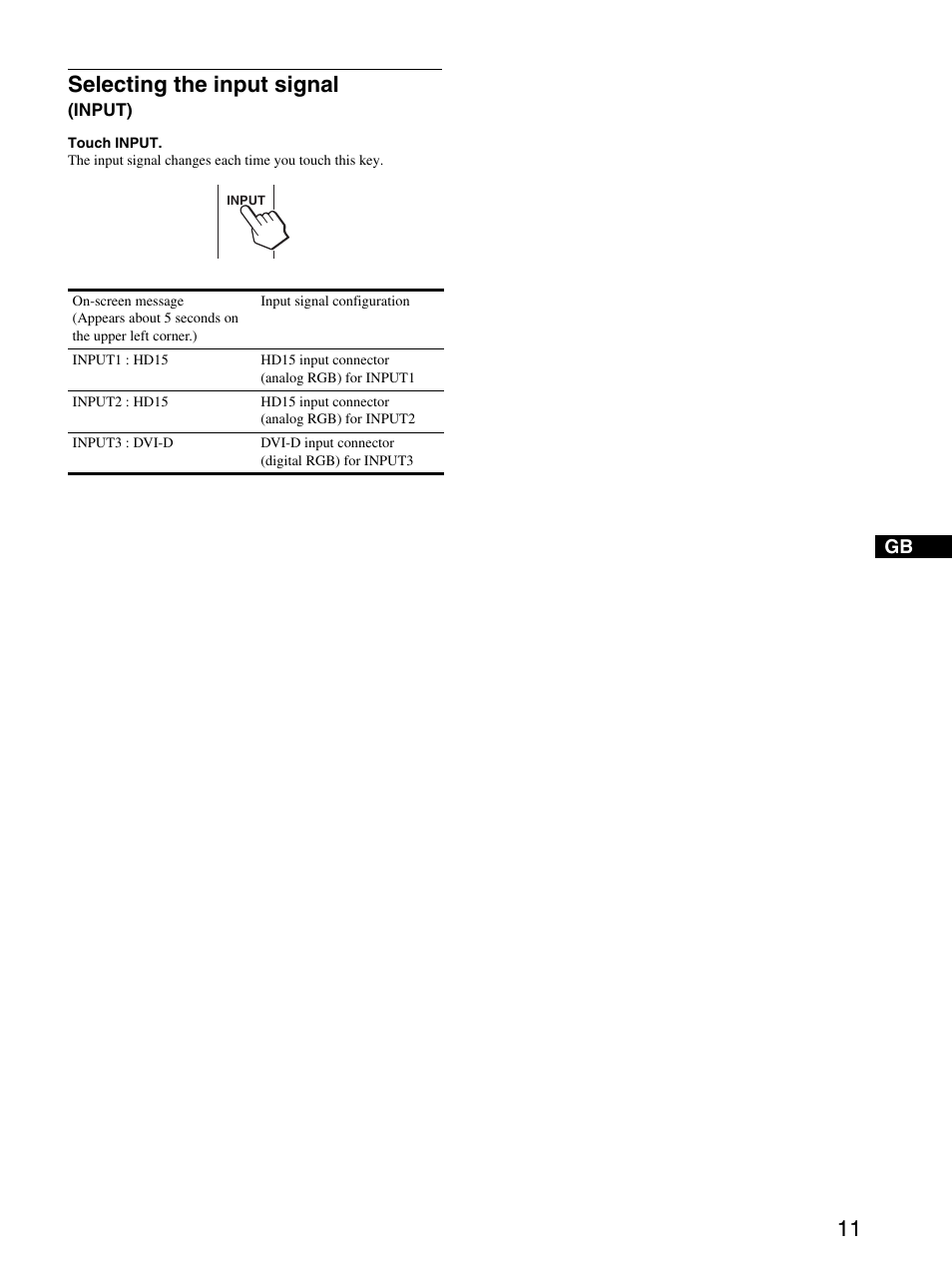 Selecting the input signal (input), Selecting the input signal | Sony SDM-P234 User Manual | Page 11 / 26