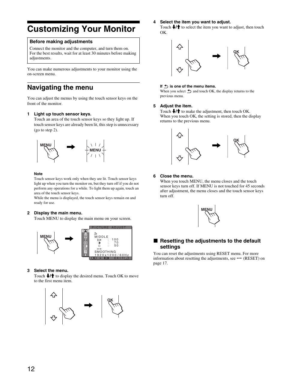 Customizing your monitor, Navigating the menu | Sony SDM-P234 User Manual | Page 12 / 26