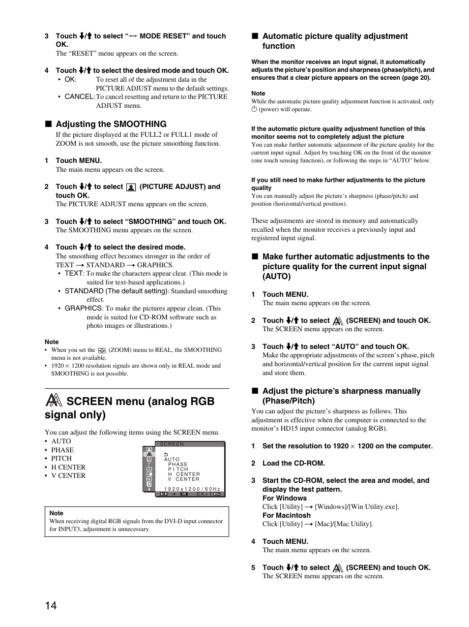 Adjusting the smoothing, Screen menu (analog rgb signal only), Automatic picture quality adjustment function | Sony SDM-P234 User Manual | Page 14 / 26