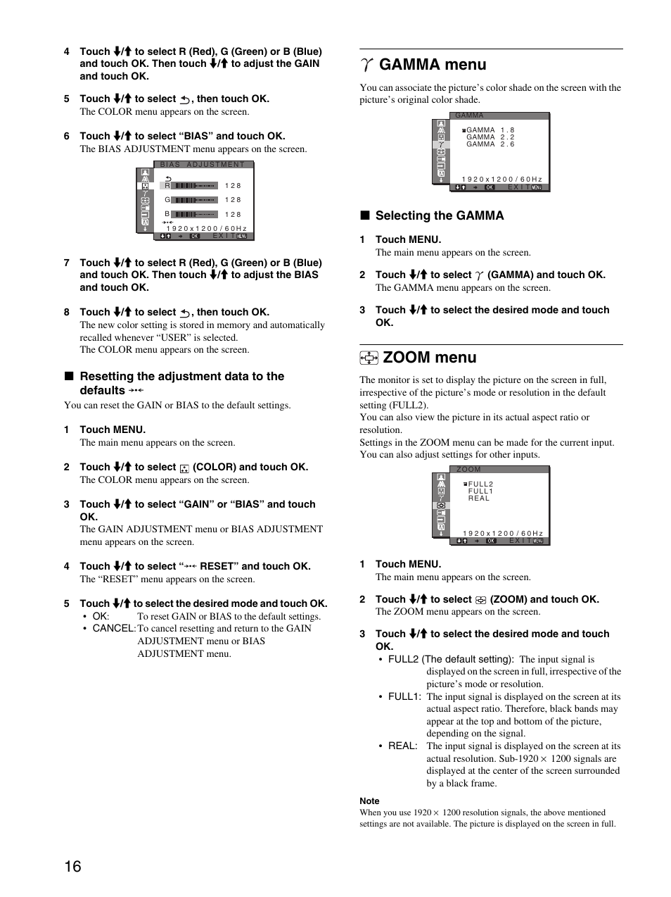 Resetting the adjustment data to the defaults, Gamma menu, Selecting the gamma | Zoom menu, Xselecting the gamma | Sony SDM-P234 User Manual | Page 16 / 26