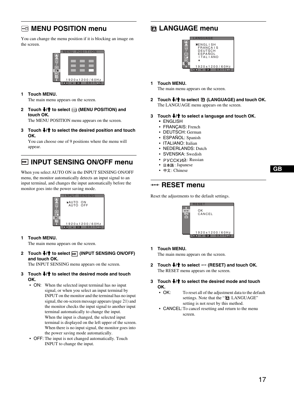 Menu position menu, Input sensing on/off menu, Language menu | Reset menu, Input sensing on/off menu language menu, 0reset menu | Sony SDM-P234 User Manual | Page 17 / 26