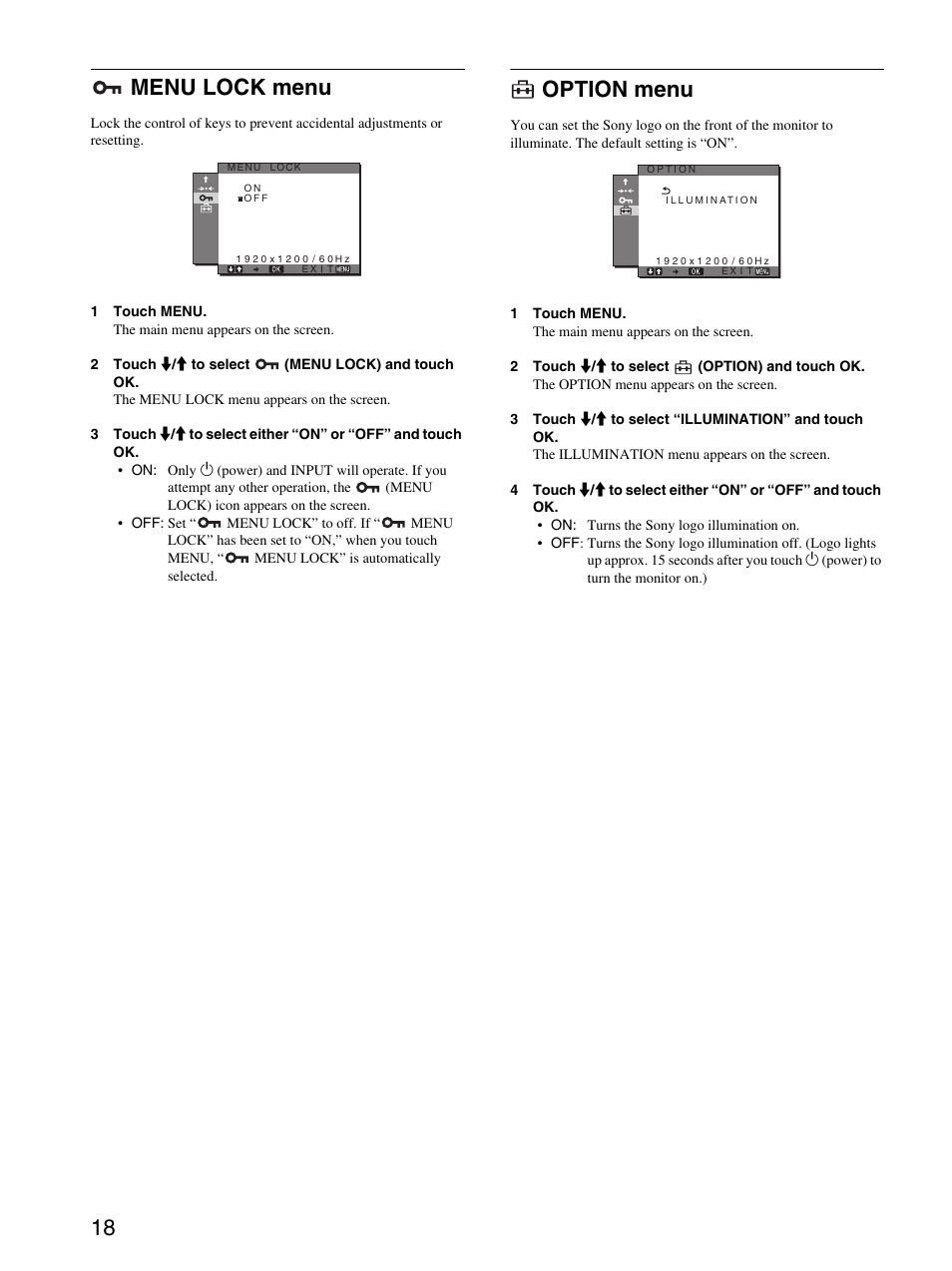 Menu lock menu, Option menu, 18 menu lock menu | Sony SDM-P234 User Manual | Page 18 / 26