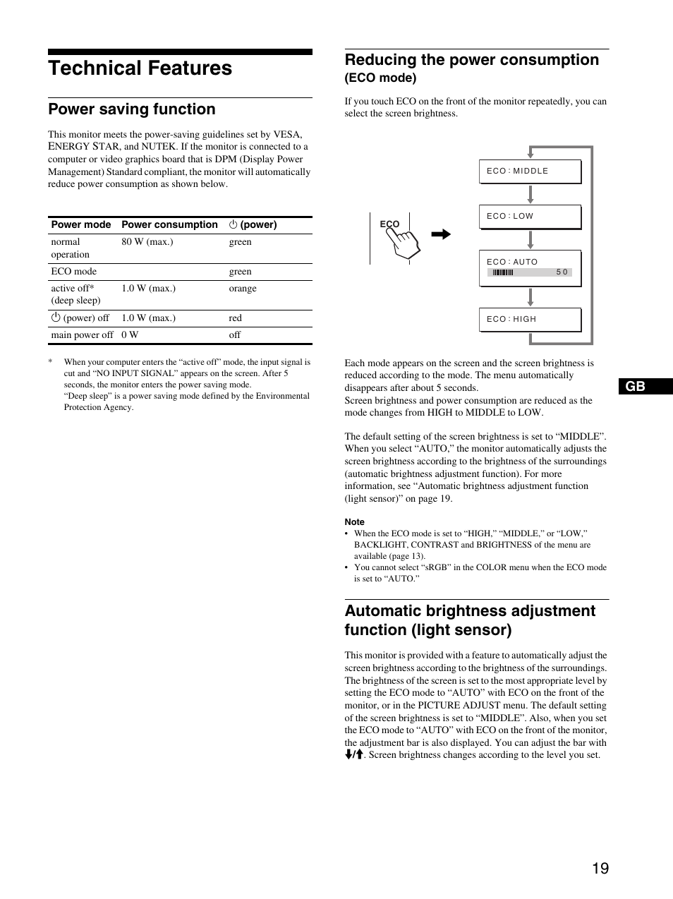 Technical features, Power saving function, Reducing the power consumption (eco mode) | 19) on the front, Reducing the power consumption | Sony SDM-P234 User Manual | Page 19 / 26