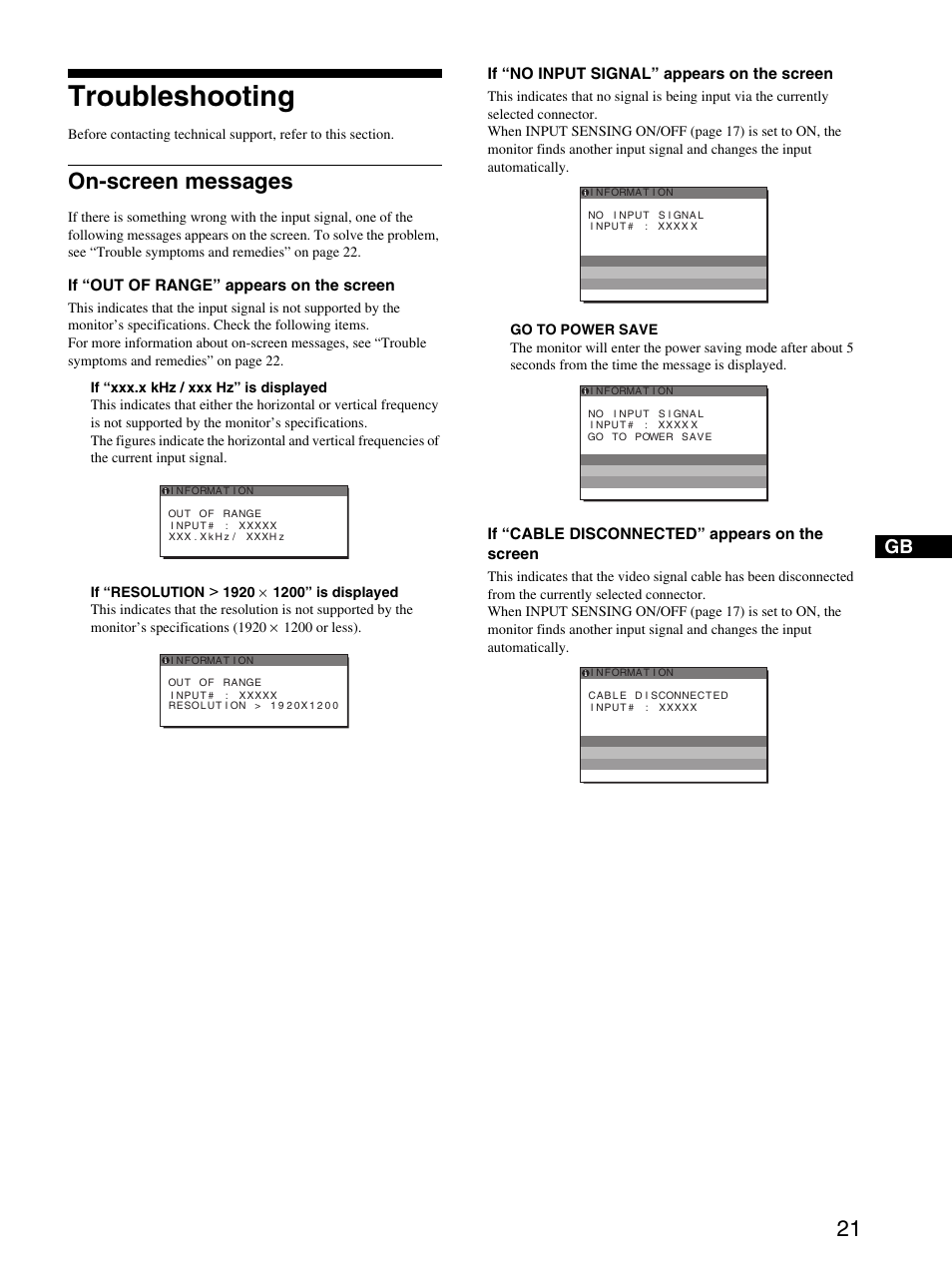 Troubleshooting, On-screen messages | Sony SDM-P234 User Manual | Page 21 / 26